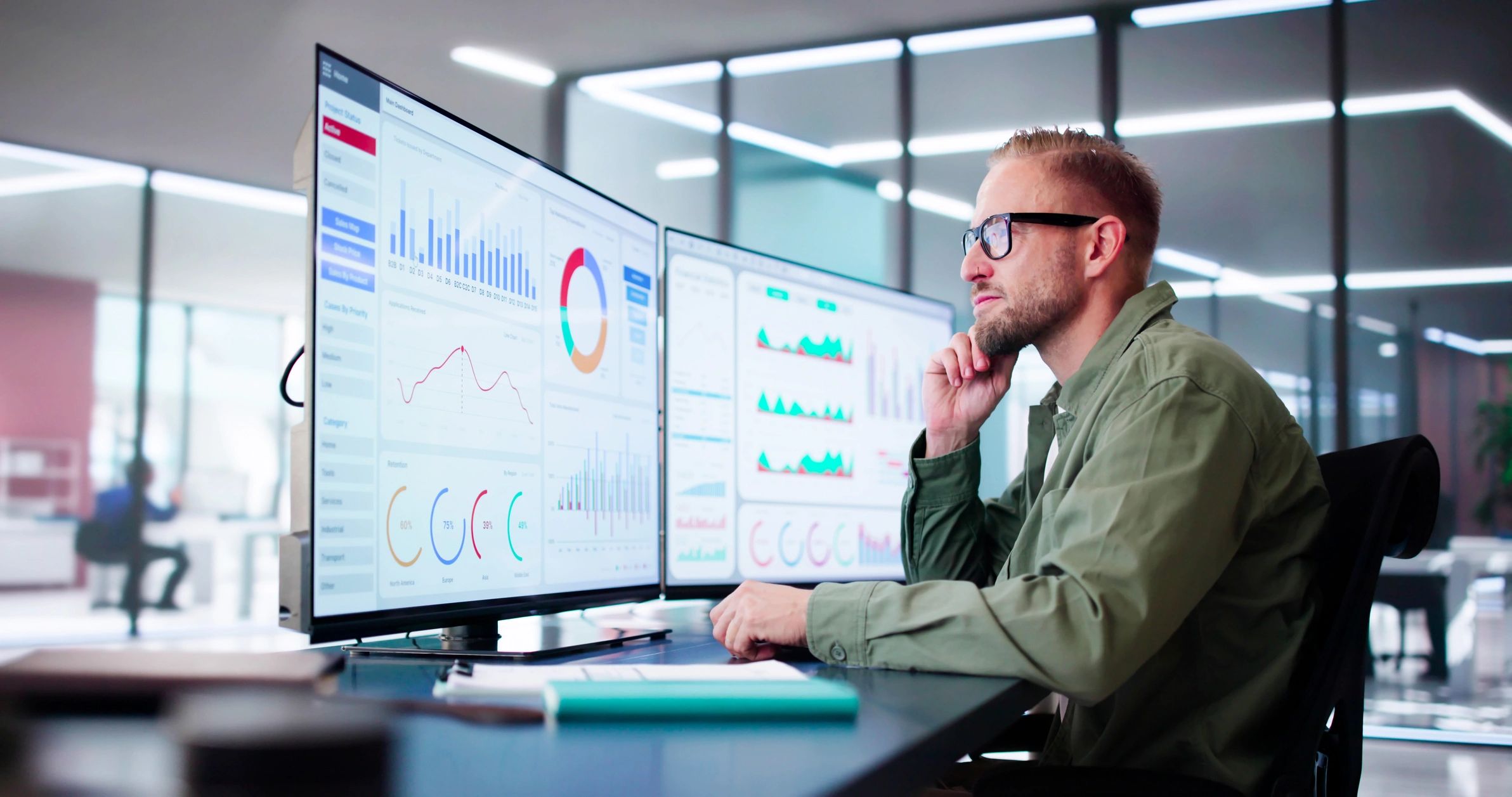 Modern workspace with advanced cybersecurity dashboards